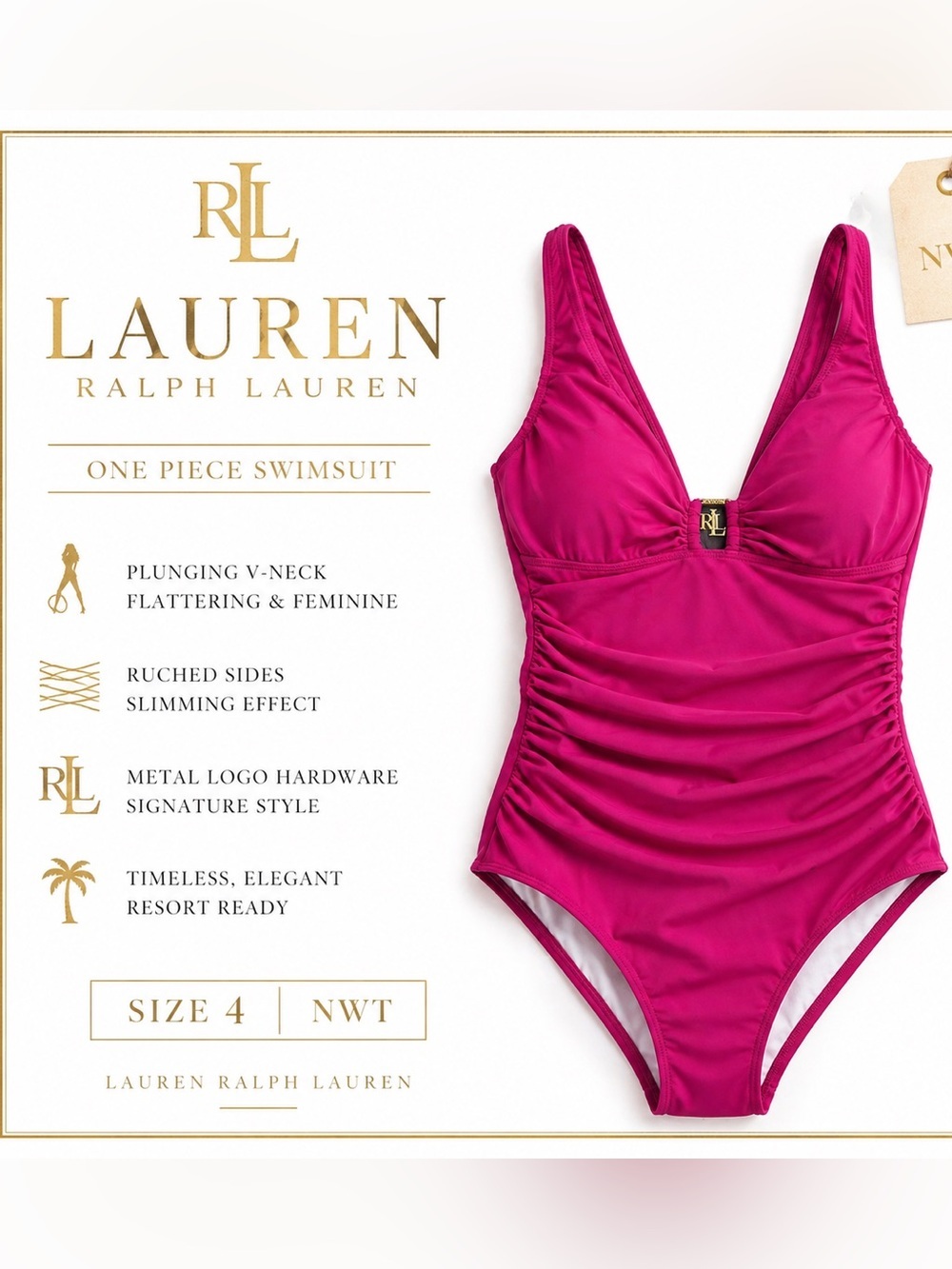 Lauren Ralph Lauren One Piece Swimsuit Size 4 NWT Plunge Ruched Slimming